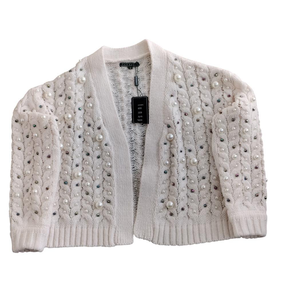 Funsport Elegant White Pearl-Embellished Cardigan